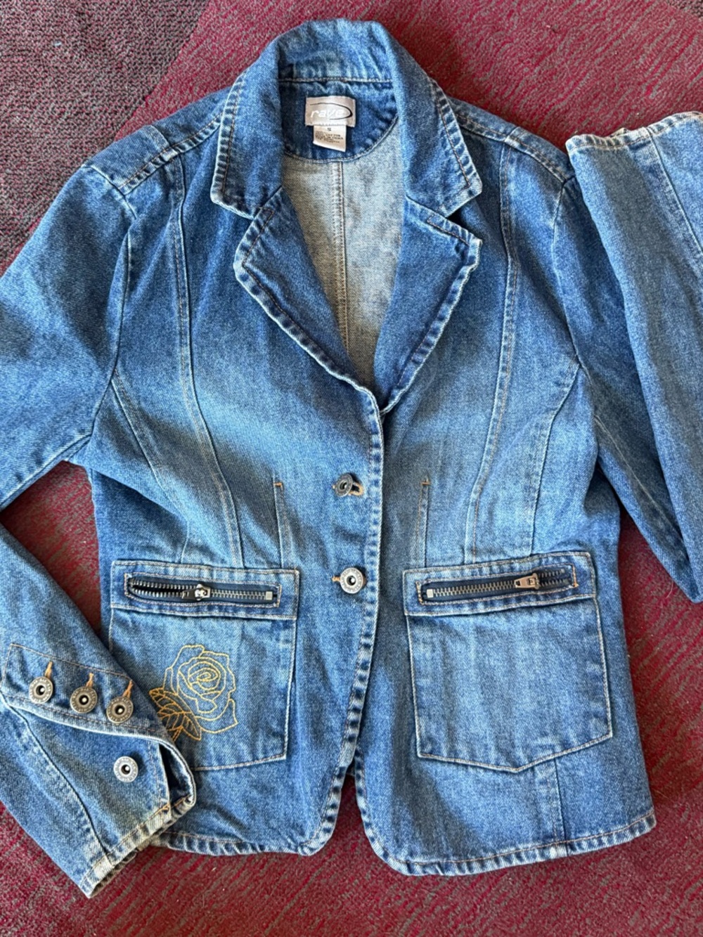 RAVE early 2000’s Blue Denim Blazer Jacket with Embroidered Detail